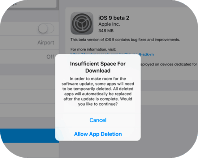 iOS 9 borrará apps temporalmente para tener espacio para actualizaciones