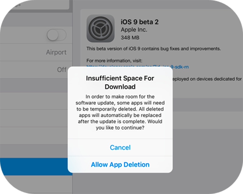 iOS 9 borrará apps temporalmente para tener espacio para actualizaciones